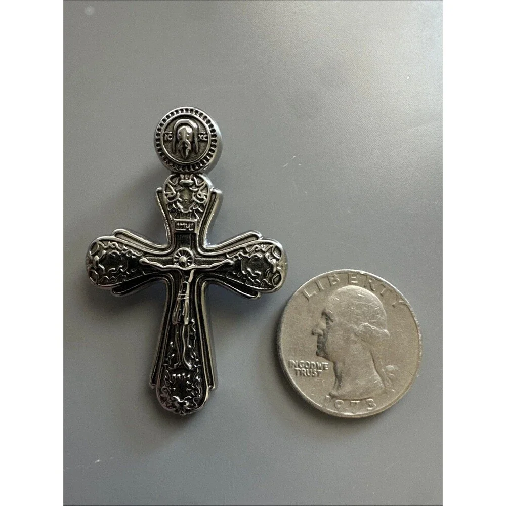 Cross Pendant Dark Silver Tone Stainless Steel 24” Box Chain Jesus Christ Unisex
